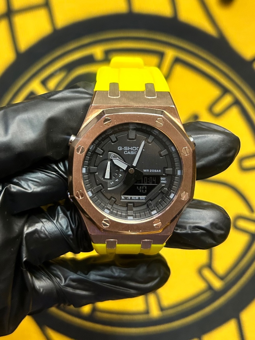Custom G-Shock Watch | Rose Gold & Black | Neon Yellow Strap | Luxury Streetwear
